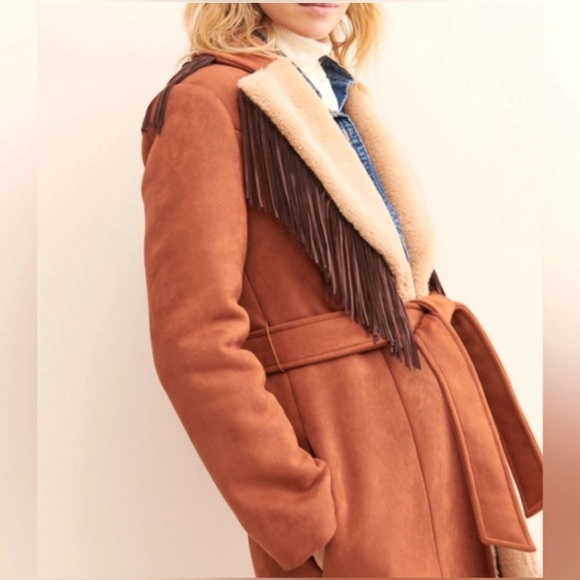 Anthropologie Brown and Cream Fringe Coat, S/M - Picture 3 of 11